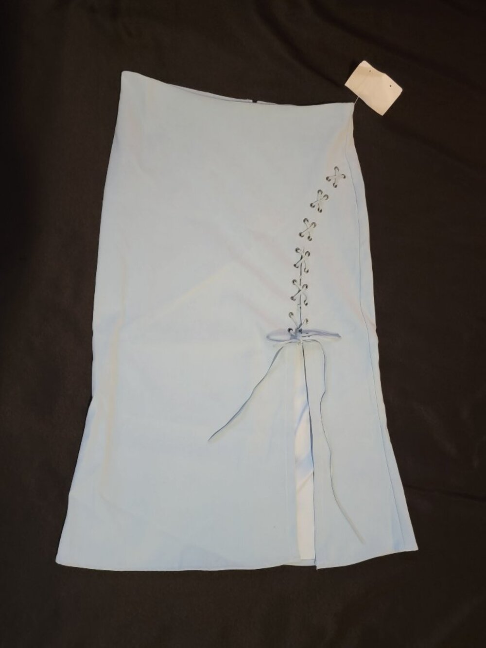 Vintage Y2K Baby Blue Pencil Skirt Zip Medium Lace Up Front Slit Corset Detail